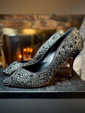 Gina Black Satin Peep Toe Austrian Crystal Embellished 3.5” Heel, Sz 38/7.5